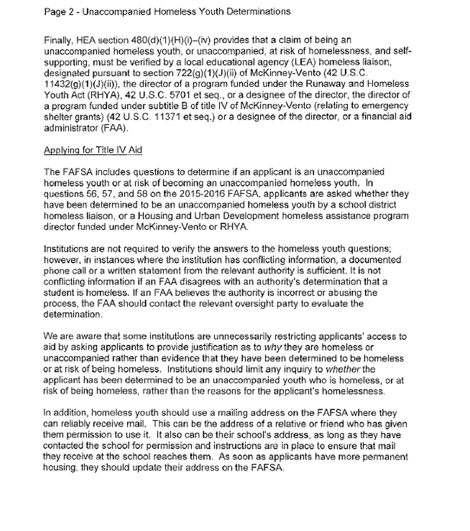 Page 2 of a U.S. Department of Education document titled ‘Unaccompanied Homeless Youth Determinations.’ The page explains verification requirements for determining unaccompanied homeless youth status, including who is authorized to make the determination (such as school district liaisons or program directors). It includes a section titled ‘Applying for Title IV Aid,’ describing how FAFSA questions identify homeless or at-risk youth, guidance for resolving conflicting information, and instructions on acceptable mailing addresses for applicants without stable housing.