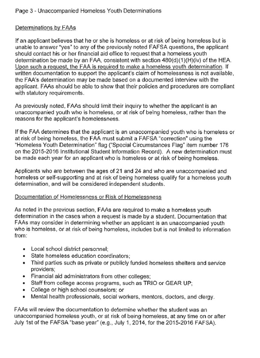 Page 3 of a U.S. Department of Education document titled ‘Unaccompanied Homeless Youth Determinations.’ The page outlines how financial aid administrators (FAAs) make determinations for applicants who are homeless or at risk, including required documentation and procedures. It explains FAFSA correction requirements, eligibility for applicants ages 21–24, and includes a section on acceptable documentation sources such as school personnel, shelters, counselors, and social service providers to verify homelessness or risk of homelessness.