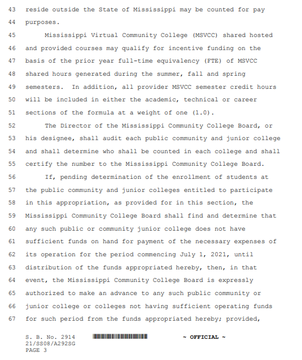 Page 3 of Mississippi Senate Bill No. 2914 continuing Section 3, describing funding provisions for public community and junior colleges. The page explains that out-of-state students may be counted for pay purposes and outlines how Mississippi Virtual Community College (MSVCC) courses qualify for funding based on prior year full-time equivalency (FTE). It also states that the Mississippi Community College Board is responsible for auditing enrollment, certifying counts, and may provide advance funding to colleges with insufficient operating funds.