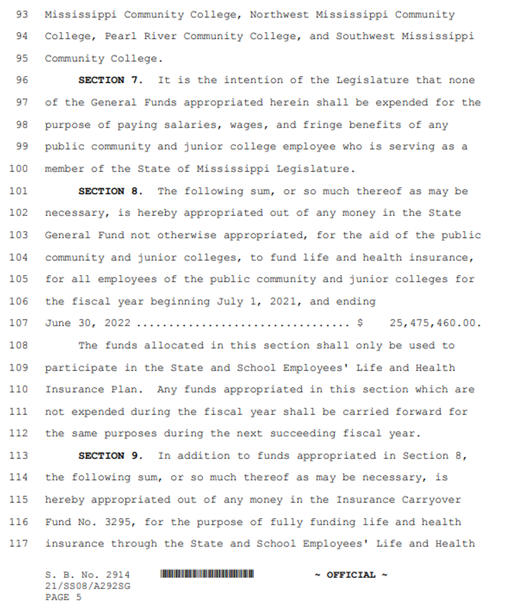 Page 5 of Mississippi Senate Bill No. 2914 continuing Sections 7 through 9. The page states that appropriated funds cannot be used to pay salaries or benefits for community college employees serving in the state legislature. It includes an additional appropriation of approximately $25.5 million to fund life and health insurance for public community and junior college employees for fiscal year 2022, specifies how those funds must be used, and notes that unused funds may carry forward to the next fiscal year.