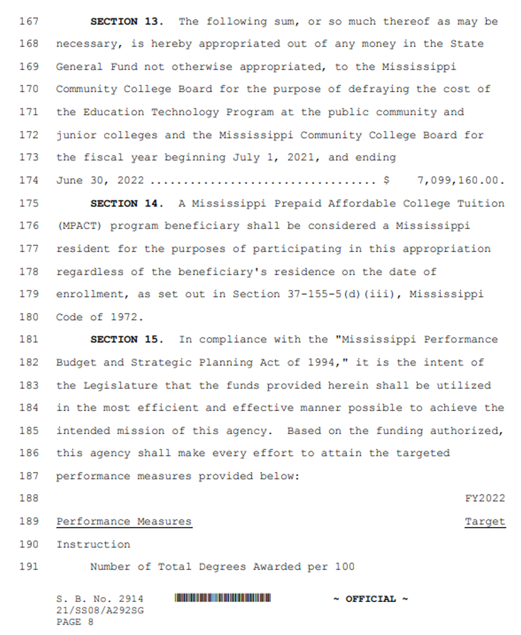 Page 8 of Mississippi Senate Bill No. 2914 containing Sections 13 through 15. The page includes a $7.1 million appropriation for education technology programs at public community and junior colleges, states that Mississippi Prepaid Affordable College Tuition (MPACT) beneficiaries are considered residents for funding purposes, and outlines legislative intent for efficient use of funds under the Mississippi Performance Budget and Strategic Planning Act. It concludes with the beginning of performance measures for fiscal year 2022.