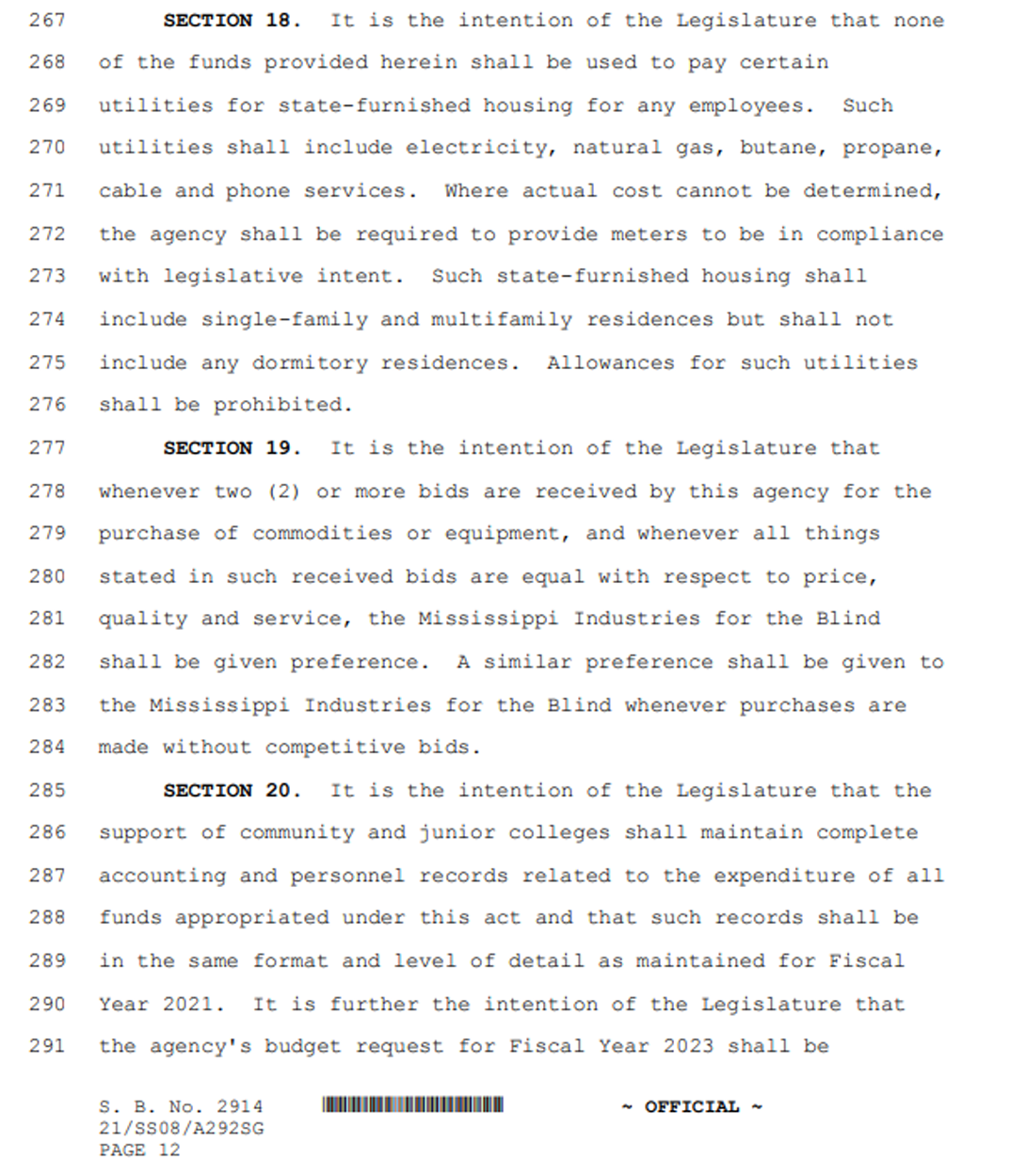 Page 12 of Mississippi Senate Bill No. 2914 containing Sections 18 through 20. The page states that appropriated funds cannot be used to pay utilities for state-furnished employee housing, outlines procurement preferences for Mississippi Industries for the Blind when bids are equal, and requires community and junior colleges to maintain detailed financial and personnel records related to expenditures, consistent with prior fiscal year reporting standards.