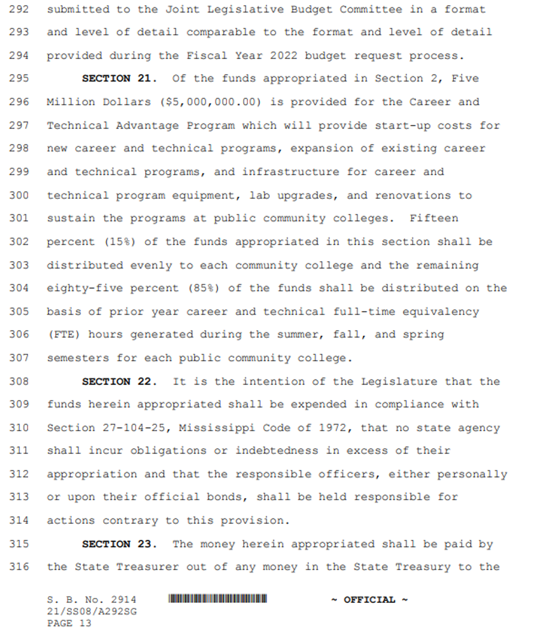 Page 13 of Mississippi Senate Bill No. 2914 containing Sections 21 through 23. The page includes a $5 million appropriation for the Career and Technical Advantage Program to support new and existing career and technical programs, equipment, and facility improvements, with funding distributed partly evenly and partly based on prior year FTE. It also outlines requirements for compliance with state financial laws and specifies that appropriated funds are to be paid by the State Treasurer.