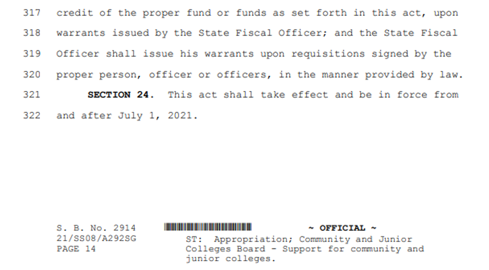 Page 14 of Mississippi Senate Bill No. 2914 containing the conclusion of Section 23 and Section 24. The page outlines final procedures for disbursement of appropriated funds by the State Fiscal Officer and states that the act takes effect on July 1, 2021. The page includes official markings and a summary label indicating the bill relates to appropriations for support of community and junior colleges.
