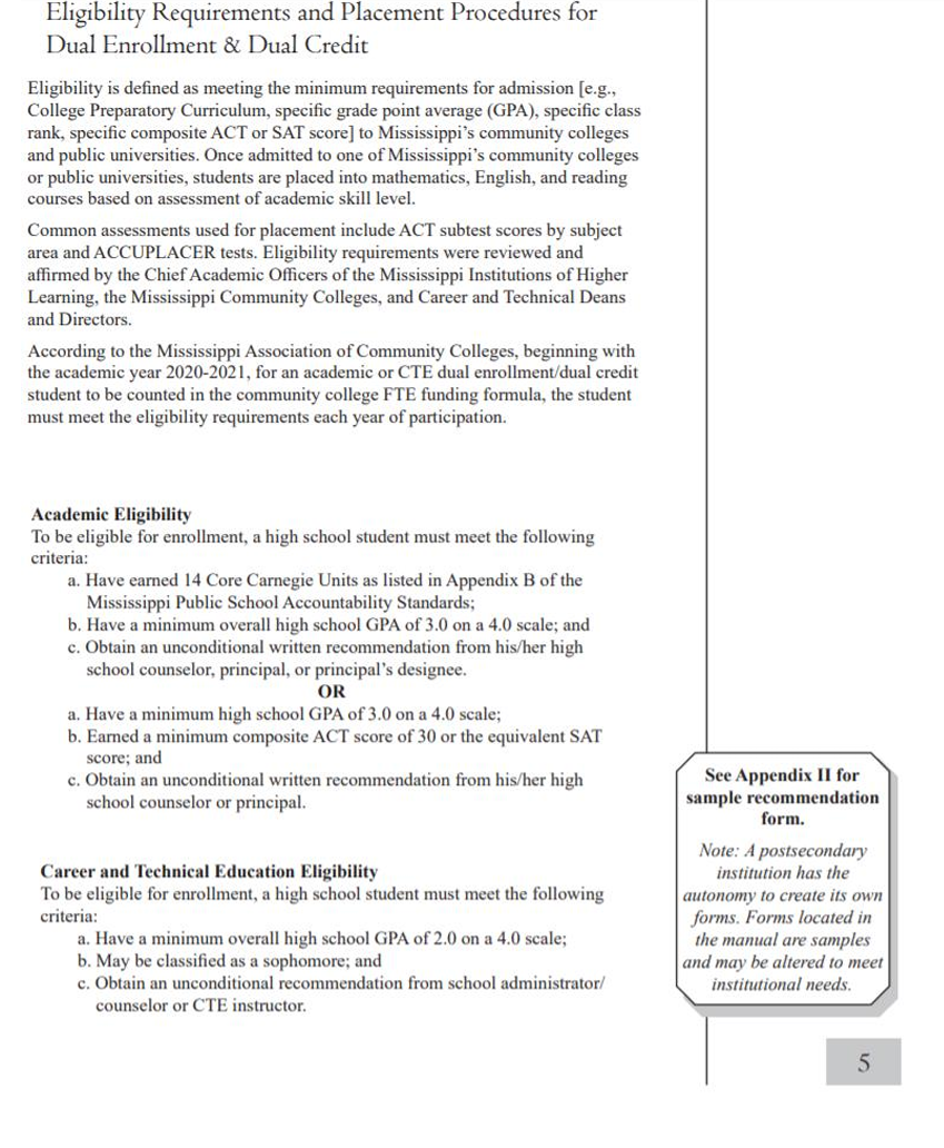 Page titled ‘Eligibility Requirements and Placement Procedures for Dual Enrollment & Dual Credit.’ The document explains eligibility criteria for high school students to enroll in Mississippi community college dual credit programs, including GPA, coursework, ACT or SAT scores, and required recommendations. It outlines placement methods using ACT subtests or ACCUPLACER assessments and includes separate criteria for academic eligibility and career and technical education eligibility. A sidebar note references Appendix II for a sample recommendation form.