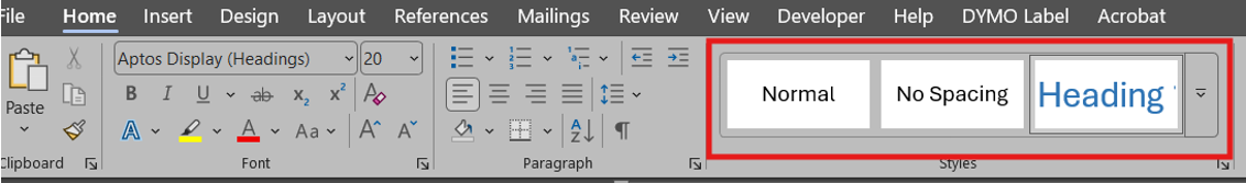 Toolbar with formatting options: Normal, No Spacing, Heading 1, highlighted Heading 2, and Heading 3.