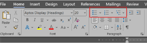 Screenshot of Microsoft Word toolbar focused on the Paragraph section, highlighted in red, under the Home tab