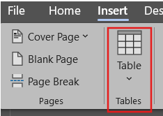 Close-up of Microsoft Word's "Insert" tab highlighting the "Table" button.