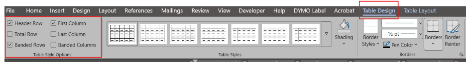 Microsoft Word "Table Design" tab with table style options and design previews.