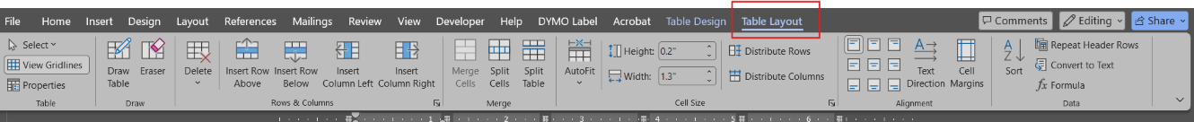 "Table Layout tab from a word processing interface with table editing tools."