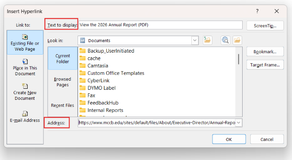 Insert Hyperlink dialog box with text and URL highlighted.