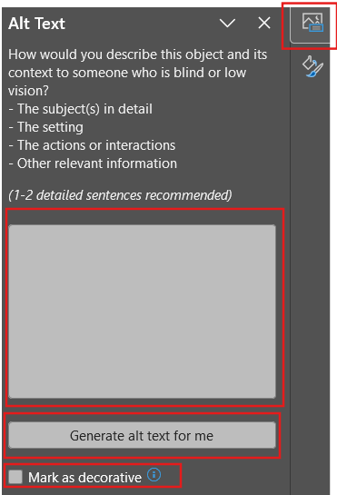 Alt Text panel for writing image descriptions with a text box and options.