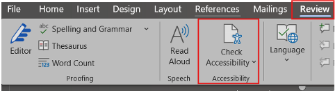 Toolbar with "Check Accessibility" highlighted in a word processing program.