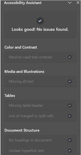 "Accessibility Assistant interface showing no issues found and various section checkpoints."