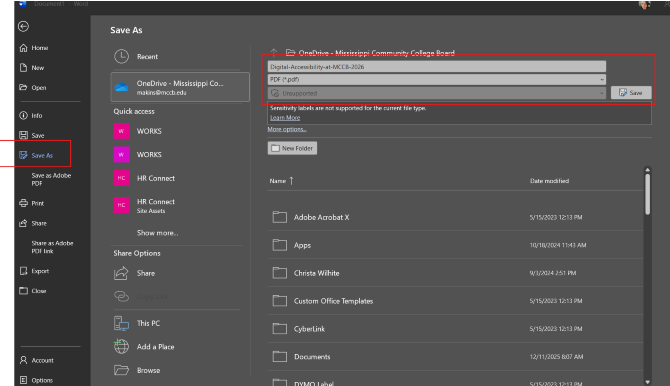 "Microsoft Word 'Save As' dialog in dark mode showing file name 'Digital-Accessibility-at-MCCB-2026' being saved as PDF."
