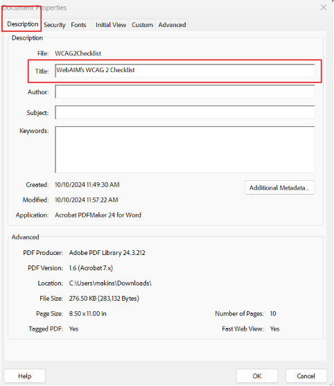 Document Properties window showing PDF details with a focus on the title "WebAIM's WCAG 2 Checklist."