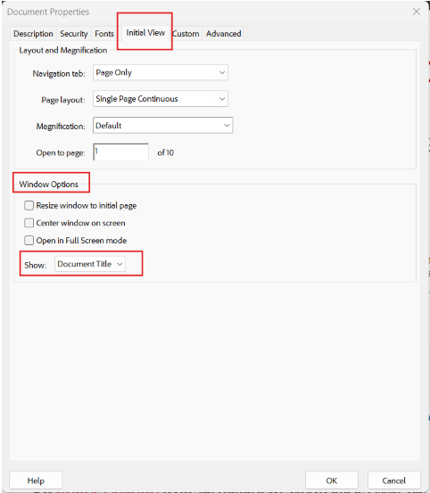 Document properties window focusing on Windows Options and showing Document Title