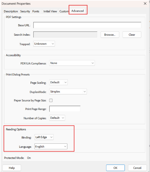 Advanced tab of a PDF Document Properties dialog box with settings for PDF customization and accessibility.
