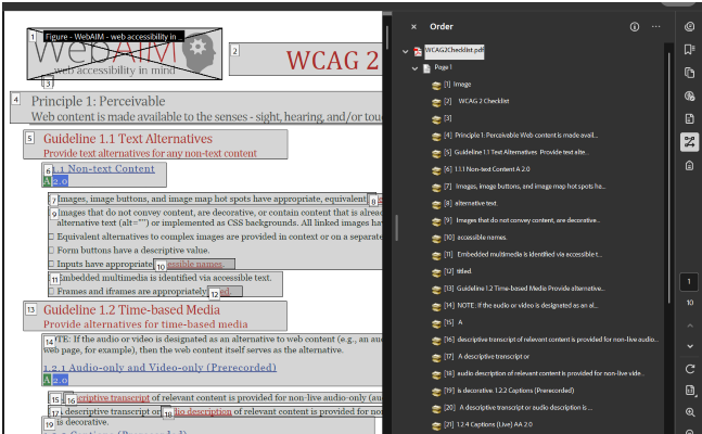 Screenshot of a PDF highlighting WCAG 2.0 accessibility guidelines with a navigation panel.
