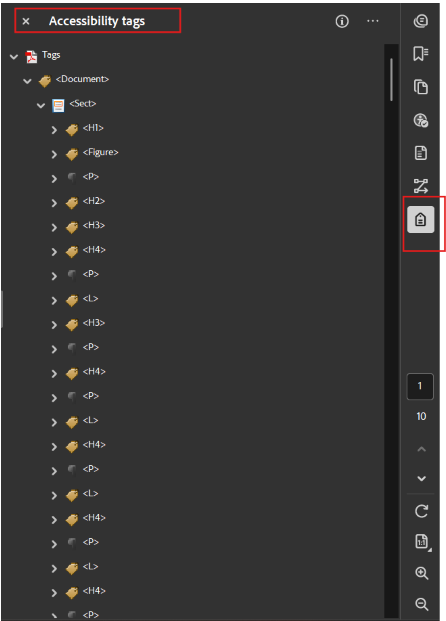 Interface showing a document's accessibility tag hierarchy with a toolbar on the right.