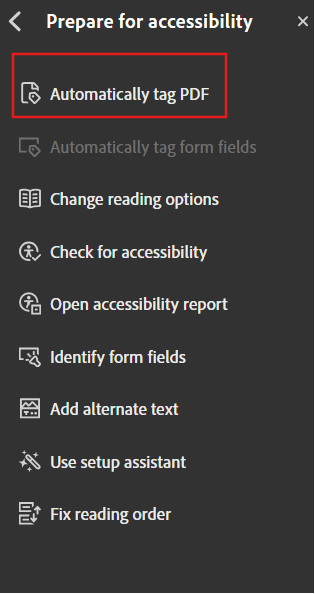 Accessibility Pane highlighting Automatically tag PDF option