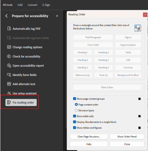 PDF software interface showing accessibility toolbar and reading order panel with content structure options.