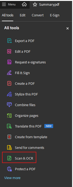 Screenshot of the Adobe Acrobat Pro “All tools” sidebar menu with the “Scan & OCR” option highlighted in a red box