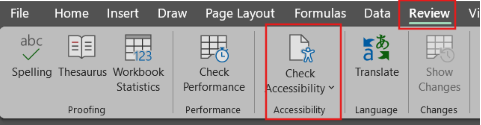 Screenshot of a spreadsheet software toolbar, focusing on the Review section highlighting 'Check Accessibility.