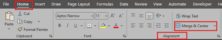 In Microsoft Excel, the Home tab is selected and the Merge & Center option in the Alignment group is highlighted to show where merged cells can be adjusted or removed.