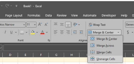 In Microsoft Excel, the Merge & Center dropdown menu is expanded from the Home tab to show options for merging or unmerging cells, including the Unmerge Cells option.