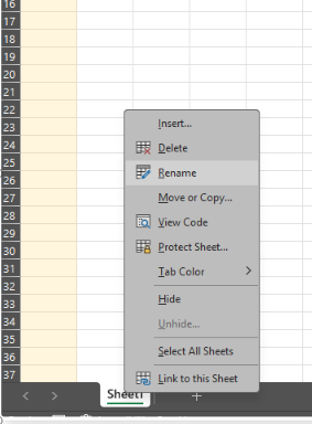 In Microsoft Excel, the worksheet tab context menu is open with the Rename option highlighted to show how to rename a worksheet tab.