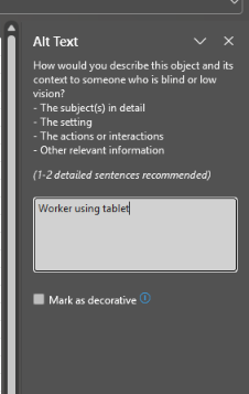 In Microsoft Excel, the Alt Text pane is open with a text box available for entering a description of the selected image for screen reader users.