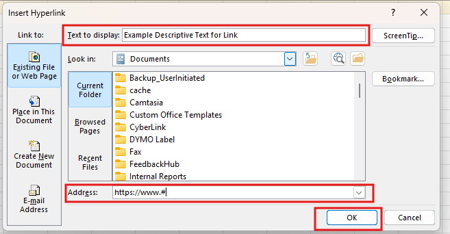 In Microsoft Excel, the Insert Hyperlink dialog box is open with the Text to display field and Address field highlighted to show where to enter descriptive link text and the website address before selecting OK.