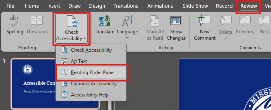 In Microsoft PowerPoint, the Check Accessibility menu under the Review tab is expanded with the Reading Order Pane option highlighted to show where to review the reading order of slide content.